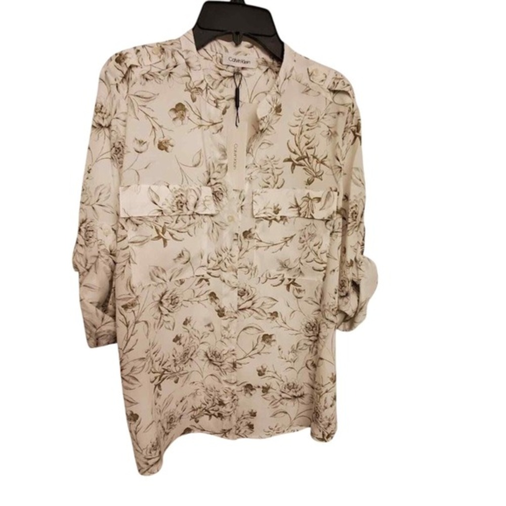 Calvin Klein Green Floral Print 3/4 Sleeve Button Down Blouse Top Size Small new